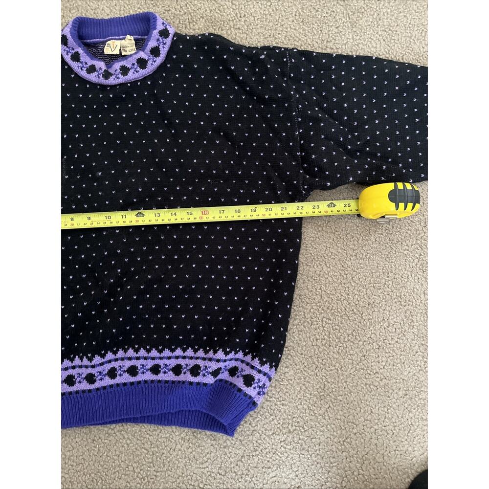 VTG L Italian Moda 100% Acrylic Black Sweater Purple Hearts & Leaf Warm Woolly - Picture 5 of 7